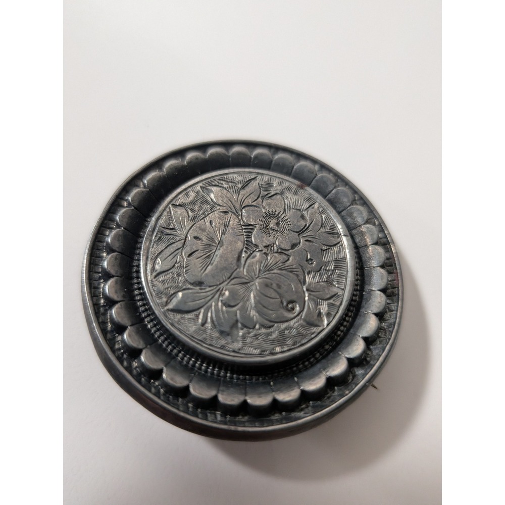 Antique Victorian mourning brooch Oxidized Silver Tone Floral Etched Scalloped